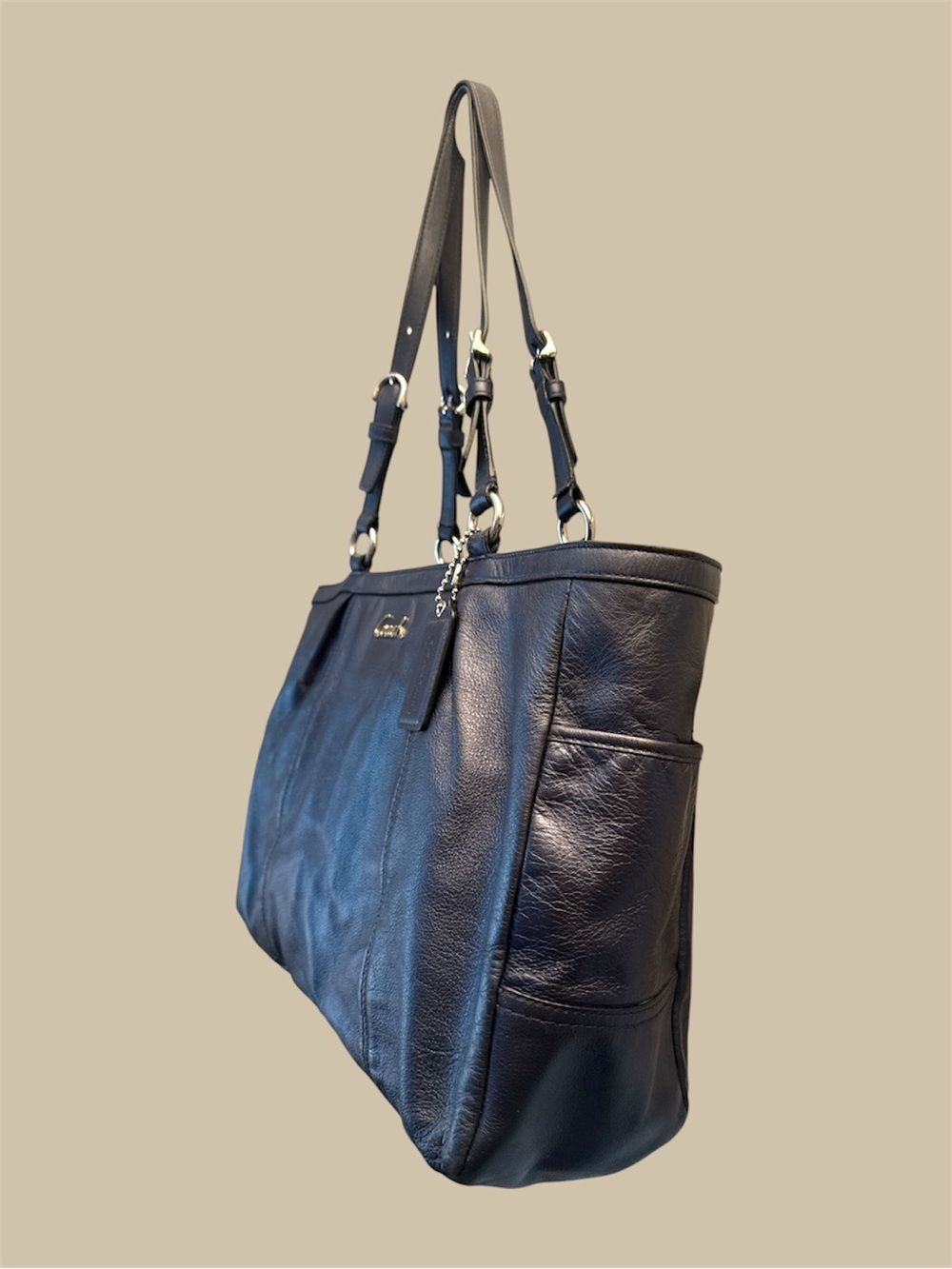 Coach Navy Blue Leather Tote with Silver Hardware - Picture 4 of 11